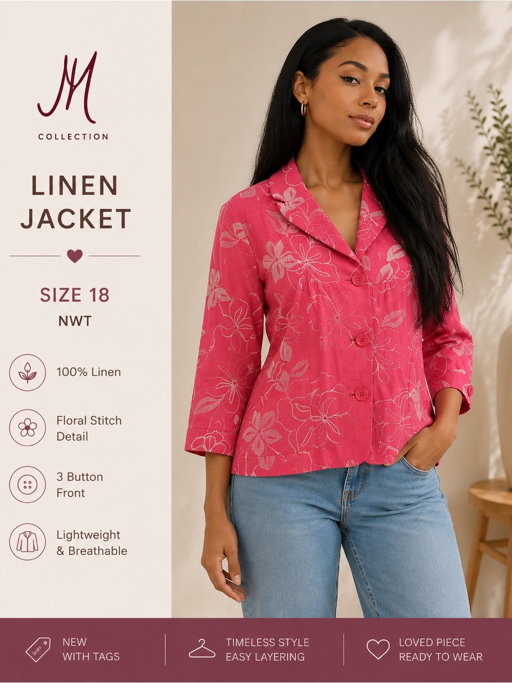 M Collection Pink Floral Embroidered Linen Jacket Blazer Size 18 NWT